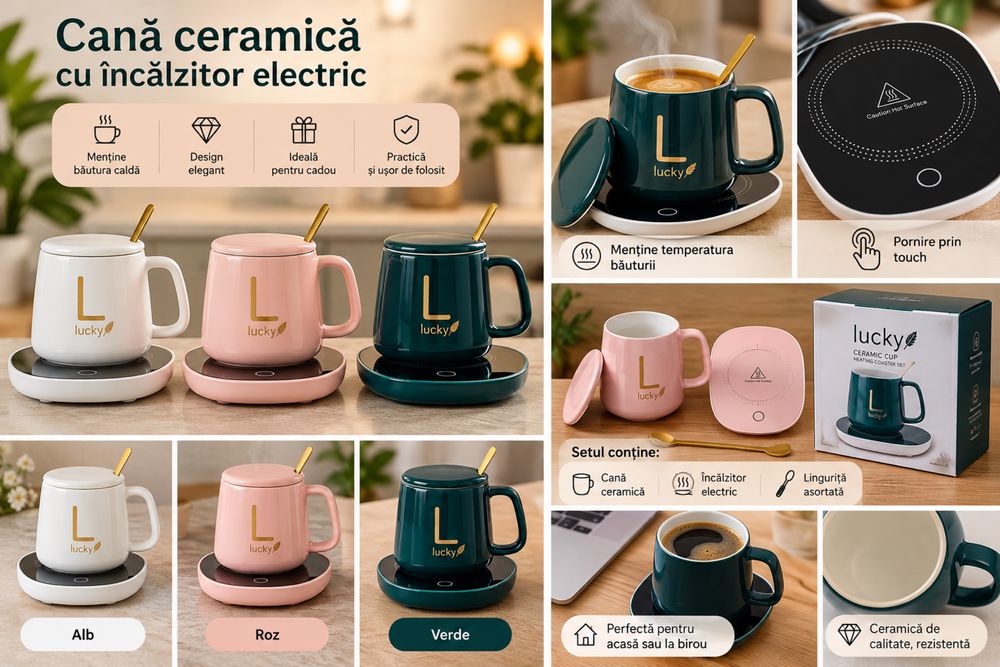 Cană ceramică cu suport electric și linguriță